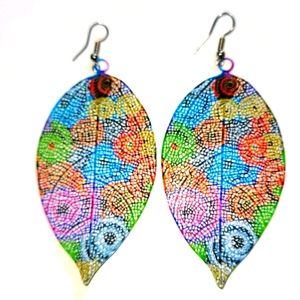 Leaf Shaped Rainbow Circles Earrings W/ Blue Back Lightweight Large